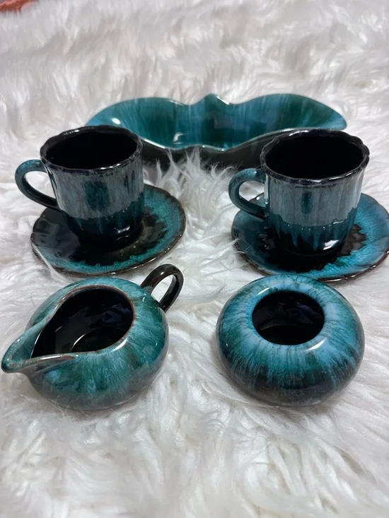 Teal Drip Glazed Ceramic Tea Set - 6 Piece - Picture 2 of 4